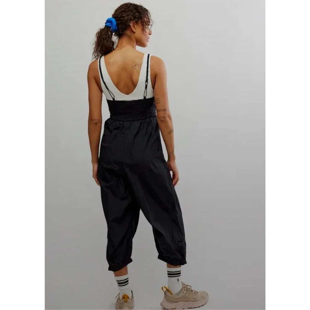 NEW FREE PEOPLE FP MOVEMENT BLACK DOWN TO EARTH NYLON ONE PIECE JUMPSUIT SZ S